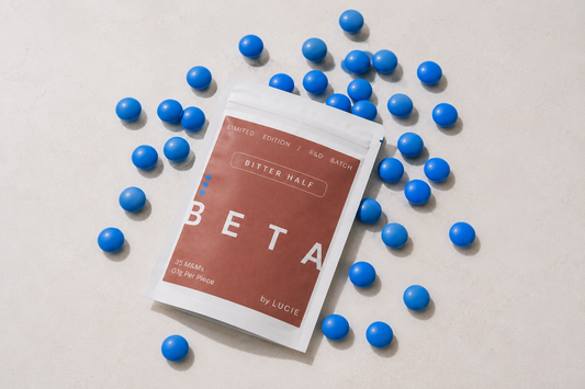 Bitter Half by LUCIE — limited edition R&D batch pouch with blue mushroom M&M's